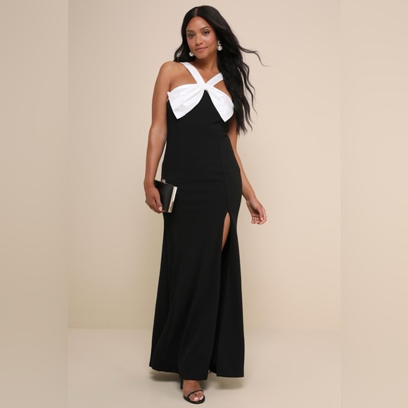 LULU’S Luxurious Outlook Black And White Bow Mermaid Maxi Dress - Picture 8 of 10